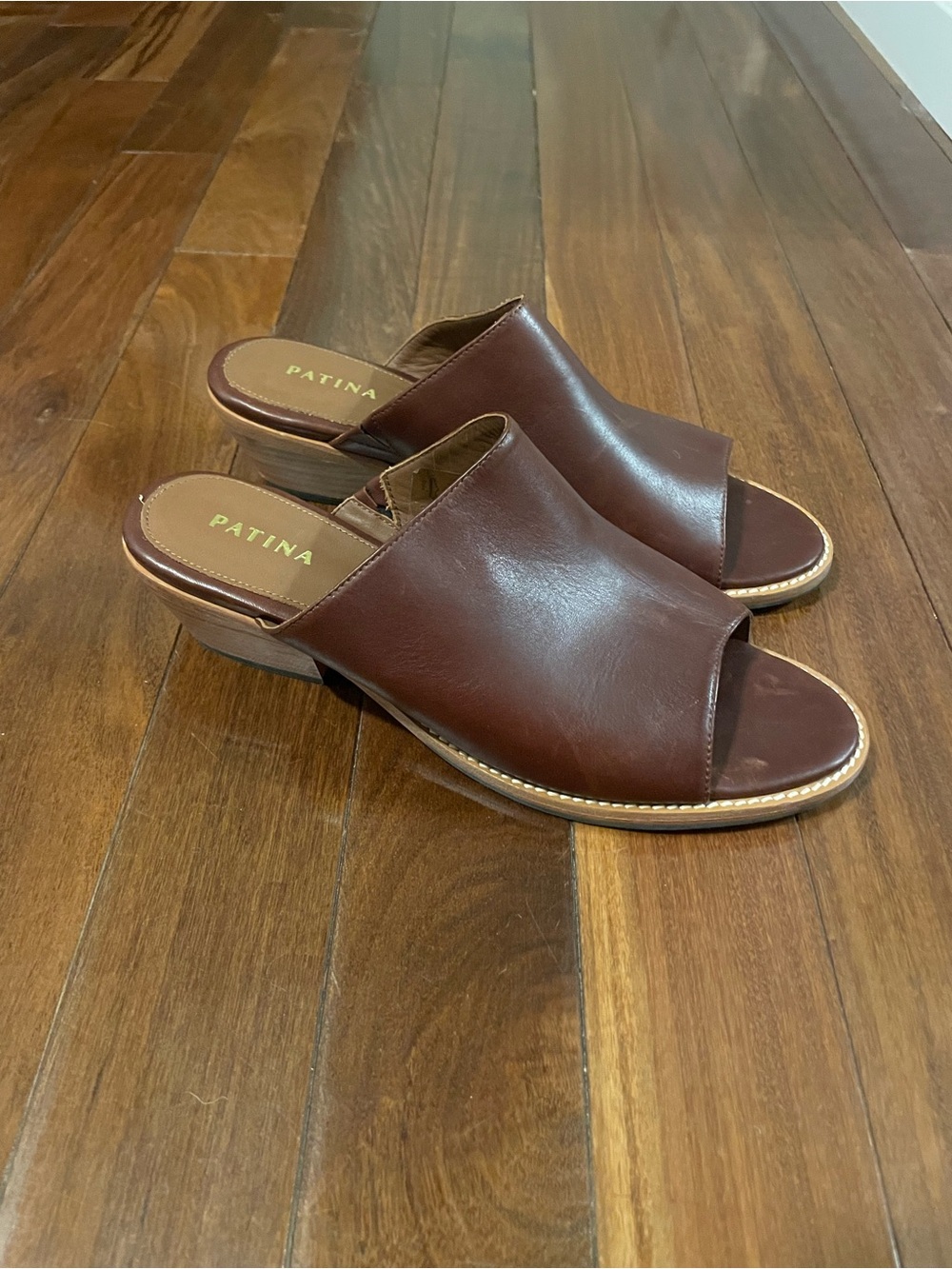 Patina peep toe leather mules, size 10